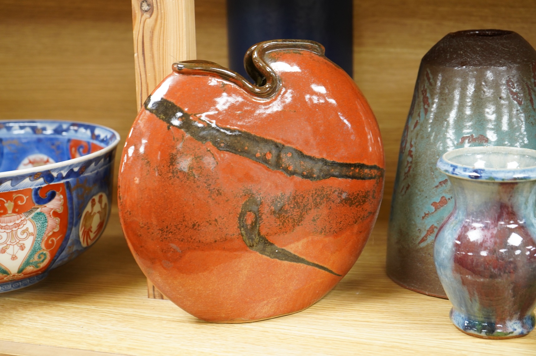 A collection of studio pottery to include crystalline glazed works by Stephen R Jones Des, Brighton, vases and a pair of dishes, largest 22cm high